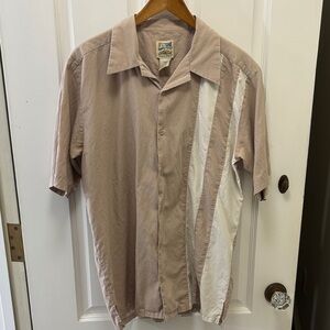 TravelSmith Men's Tan and White Button Down Shirt